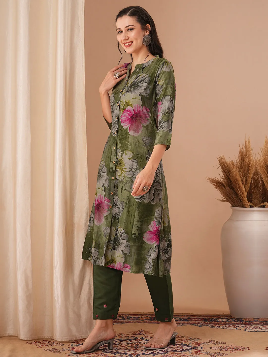 Abstract Floral Printed A-Line Kurta - Green