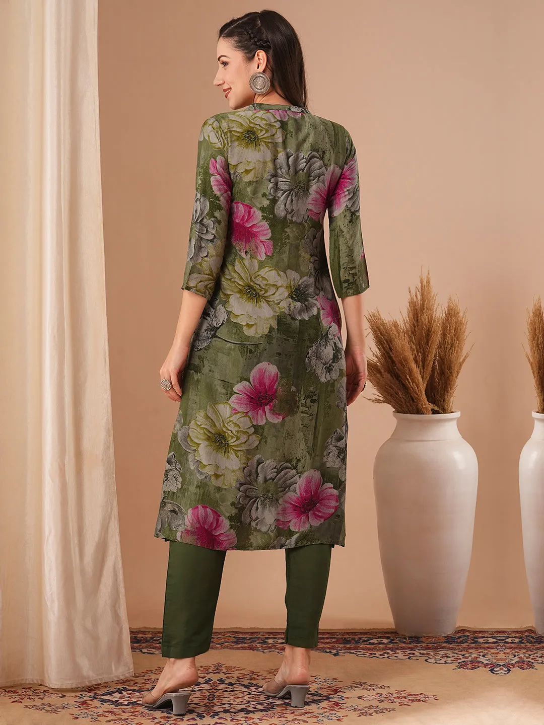 Abstract Floral Printed A-Line Kurta - Green