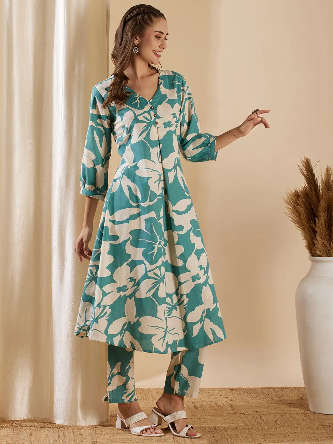 Abstract Floral Printed A-Line Kurta with Pant - Turquoise Blue