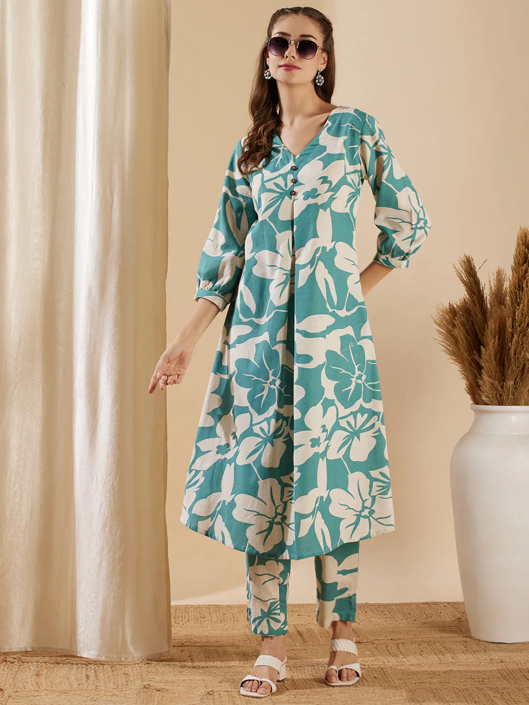 Abstract Floral Printed A-Line Kurta with Pant - Turquoise Blue