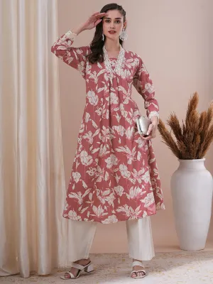 Abstract Floral Printed A-Line Paneled Kurta with Palazzo -Coral Red