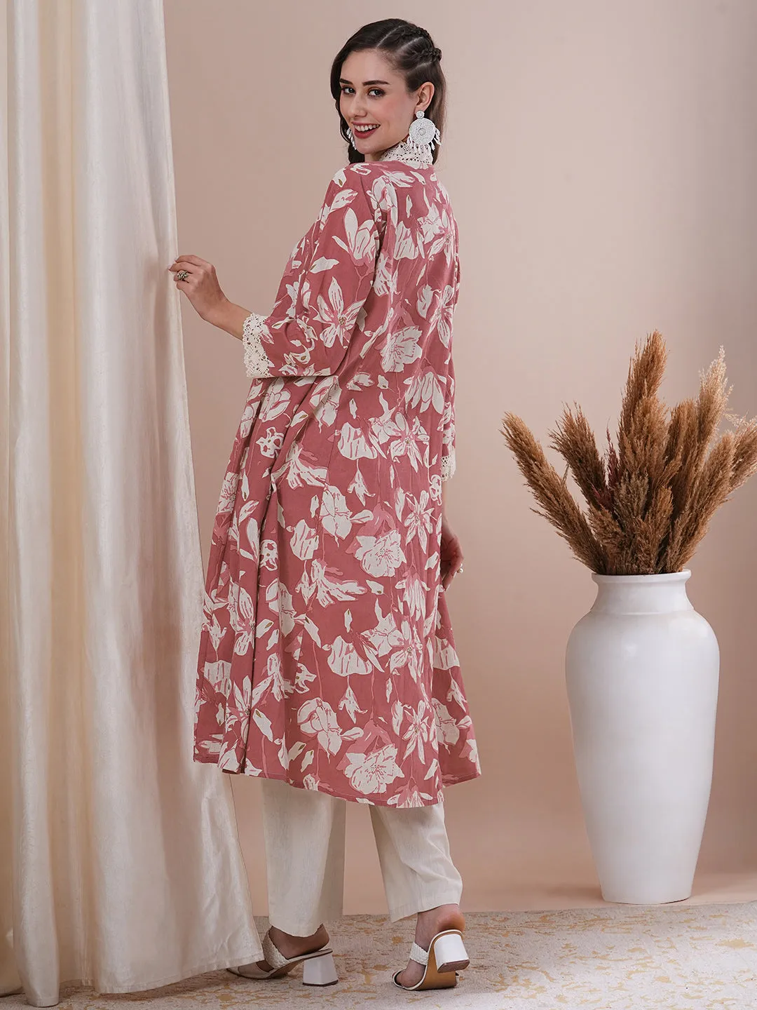 Abstract Floral Printed A-Line Paneled Kurta with Palazzo -Coral Red