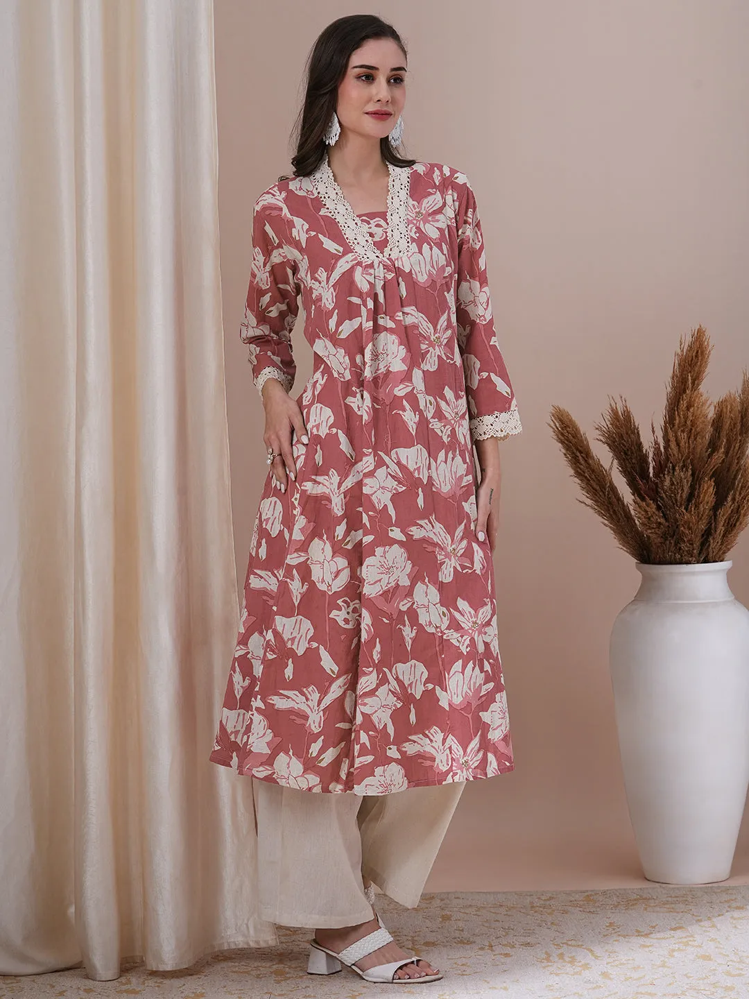 Abstract Floral Printed A-Line Paneled Kurta with Palazzo -Coral Red