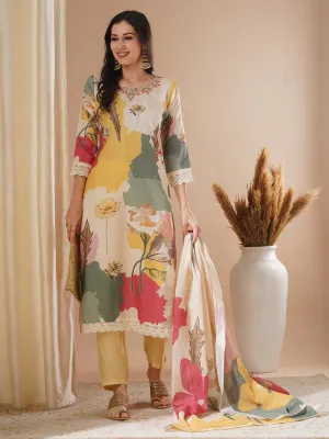 Abstract Floral Printed & Hand Embroidered Straight Fit Kurta with Pant and Dupatta - Cream