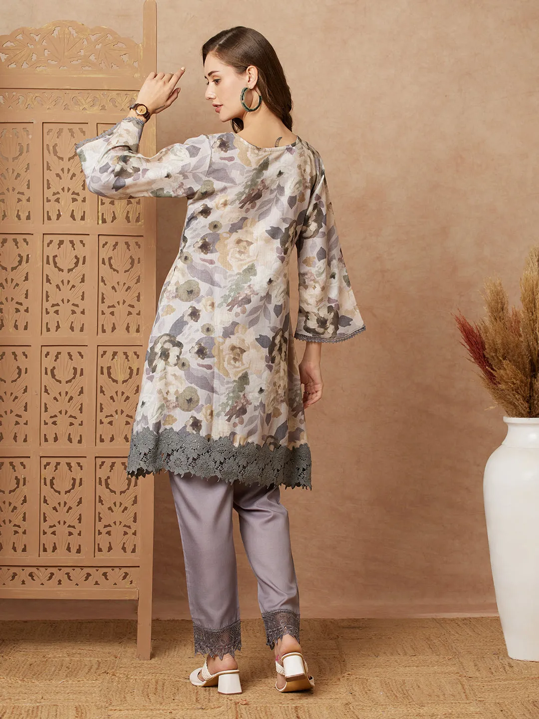 Abstract Floral Printed & Mirror Embroidered A-Line Kurta with Pant - Grey