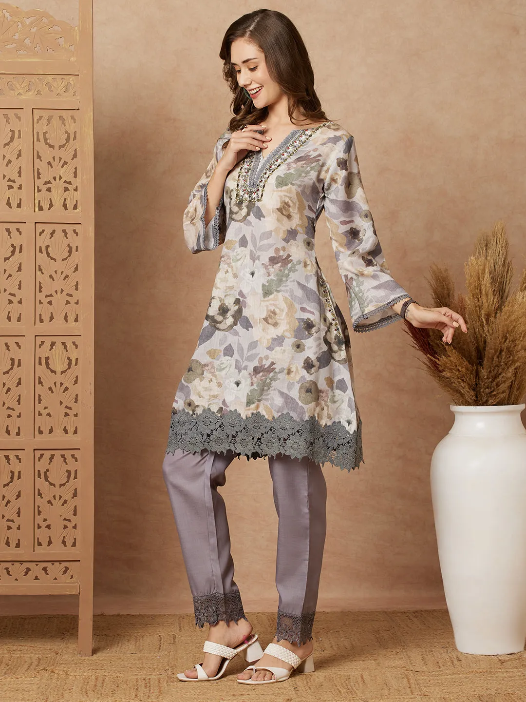 Abstract Floral Printed & Mirror Embroidered A-Line Kurta with Pant - Grey