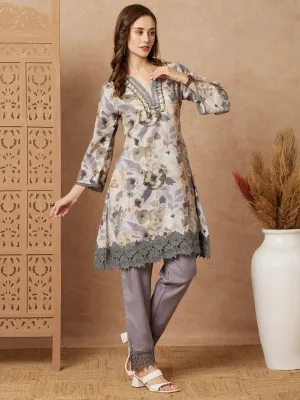 Abstract Floral Printed & Mirror Embroidered A-Line Kurta with Pant - Grey