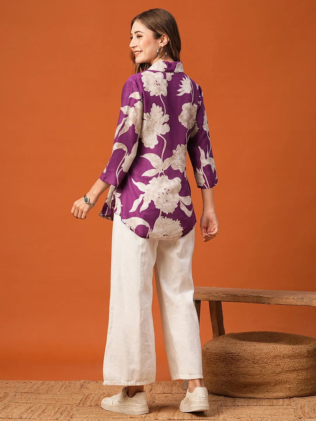 Abstract Floral Printed Straight Fit Kurti - Deep Purple