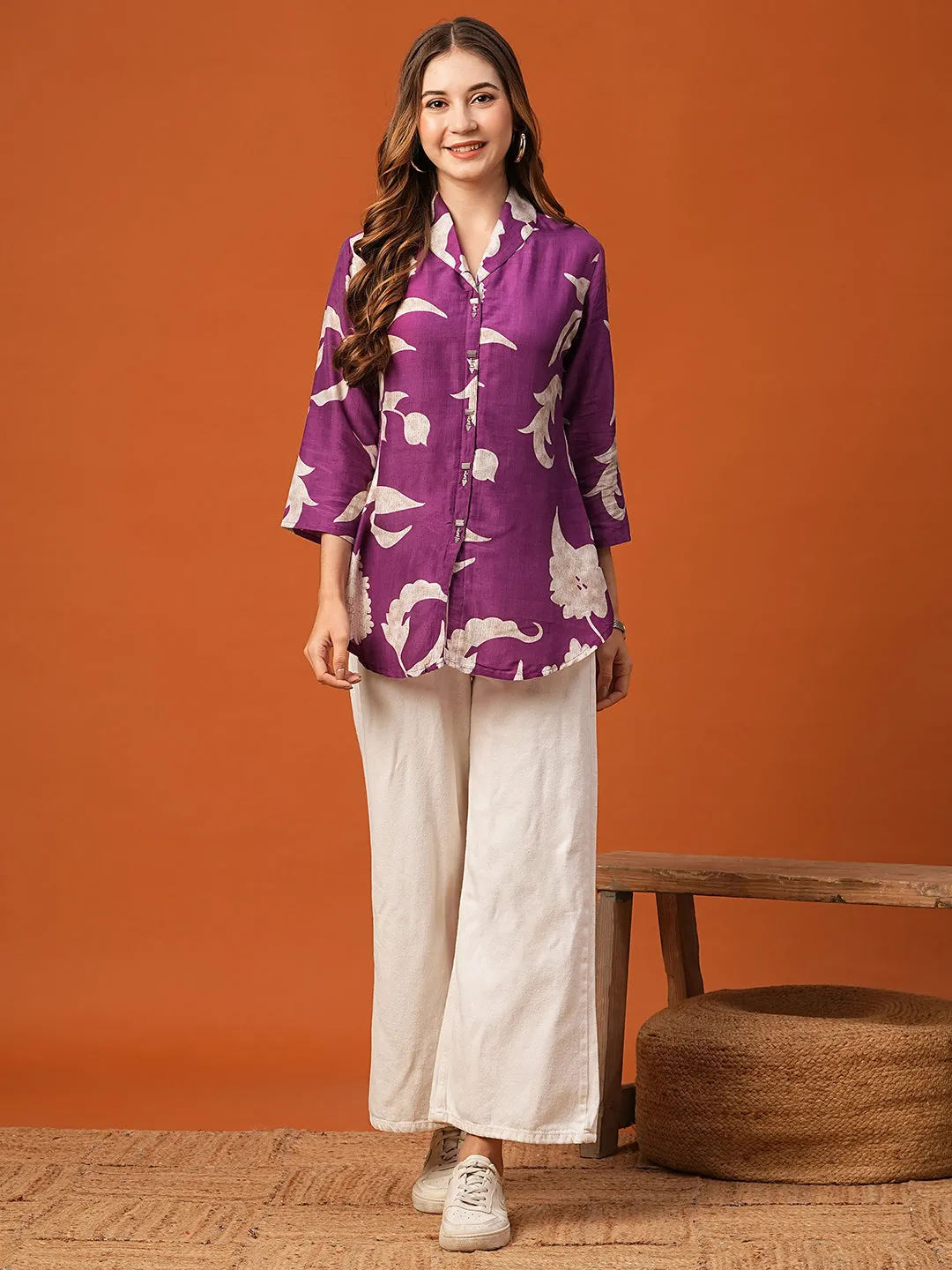 Abstract Floral Printed Straight Fit Kurti - Deep Purple