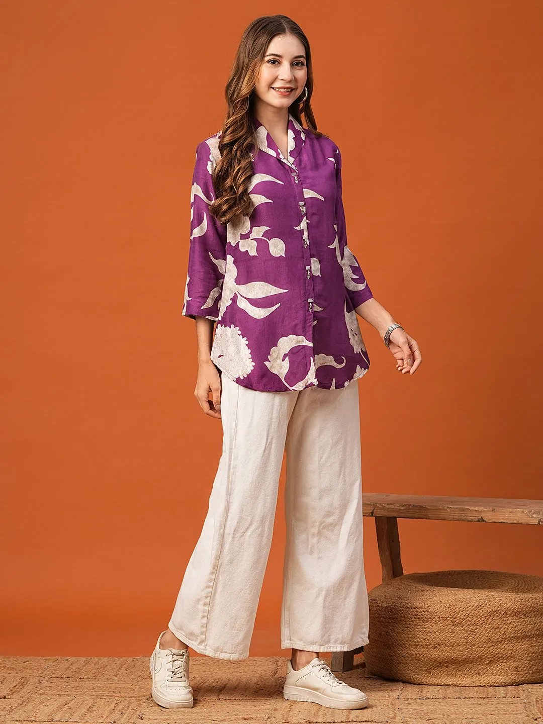 Abstract Floral Printed Straight Fit Kurti - Deep Purple