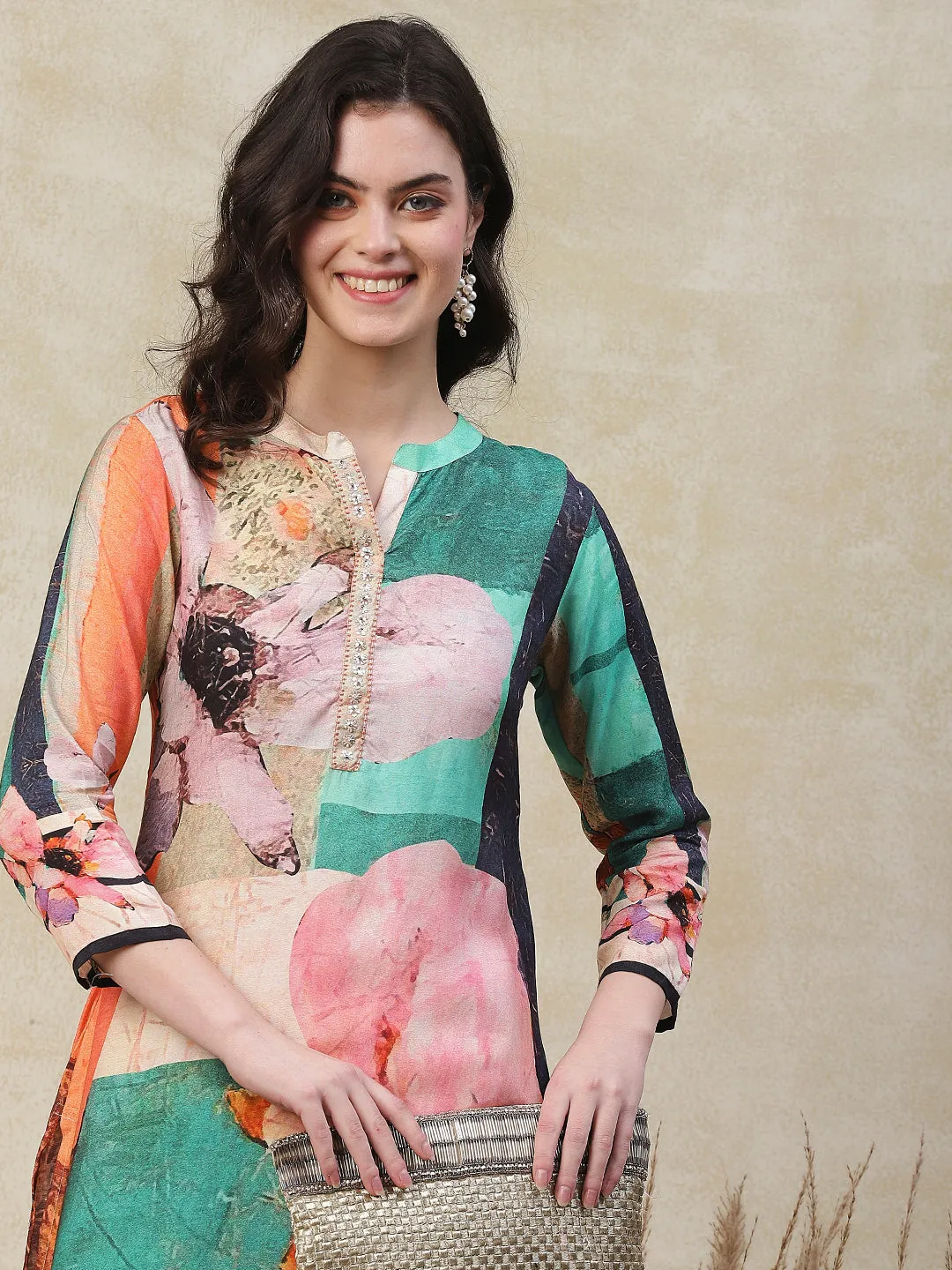 Abstract Floral Printed Straight High Low Kurta with Pant - Multi