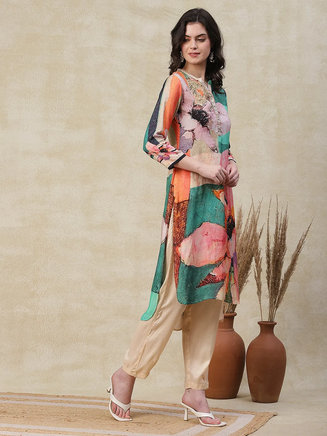 Abstract Floral Printed Straight High Low Kurta with Pant - Multi