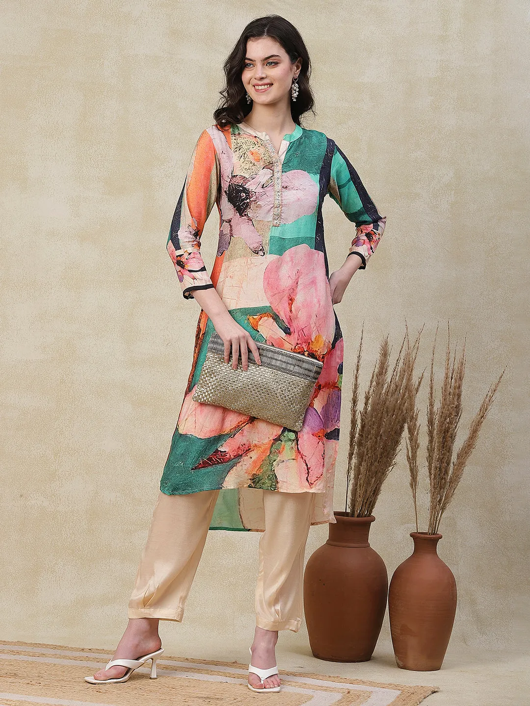 Abstract Floral Printed Straight High Low Kurta with Pant - Multi