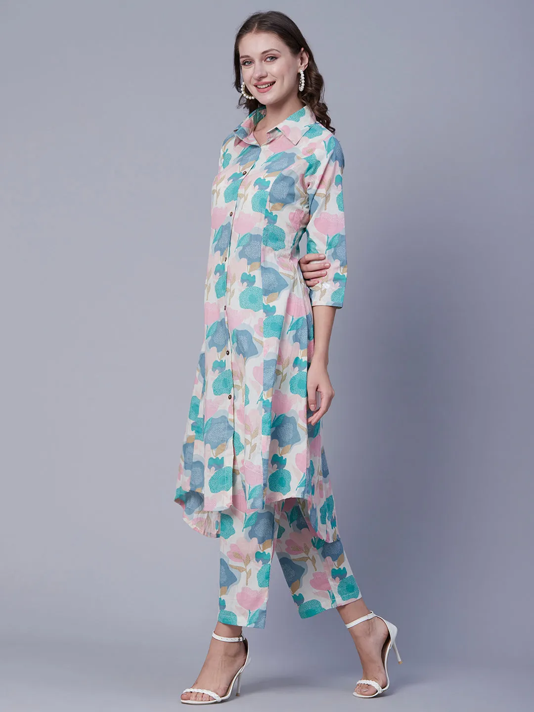 Abstract-Floral Printed Wooden Buttoned A-line Paneled Kurta with Pants - Multi