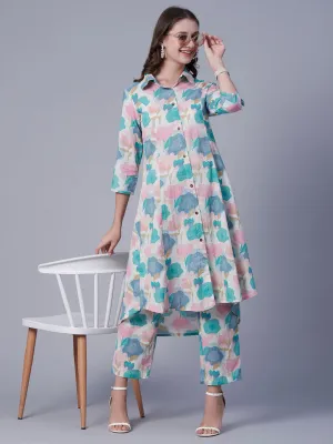 Abstract-Floral Printed Wooden Buttoned A-line Paneled Kurta with Pants - Multi