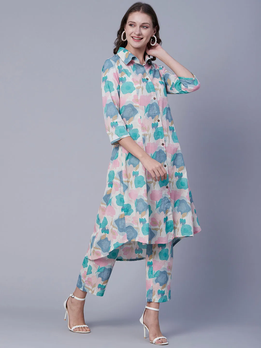 Abstract-Floral Printed Wooden Buttoned A-line Paneled Kurta with Pants - Multi