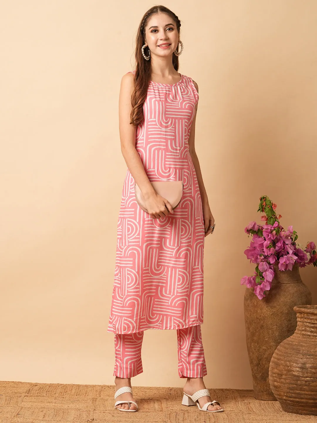 Abstract Geometric Printed Straight Fit Co-ord Set - Pink