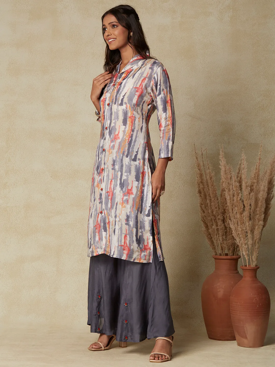 Abstract Printed Beads Embellished Kurta with Beads Embellished Flared Pants - Grey & Multi