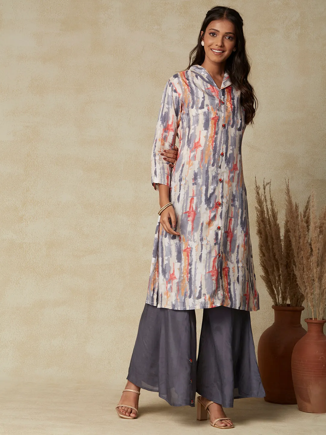 Abstract Printed Beads Embellished Kurta with Beads Embellished Flared Pants - Grey & Multi