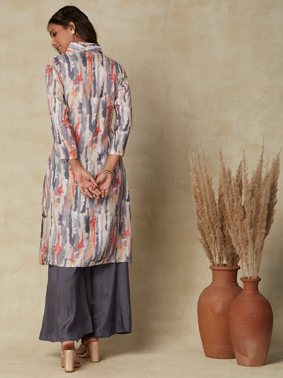 Abstract Printed Beads Embellished Kurta with Beads Embellished Flared Pants - Grey & Multi