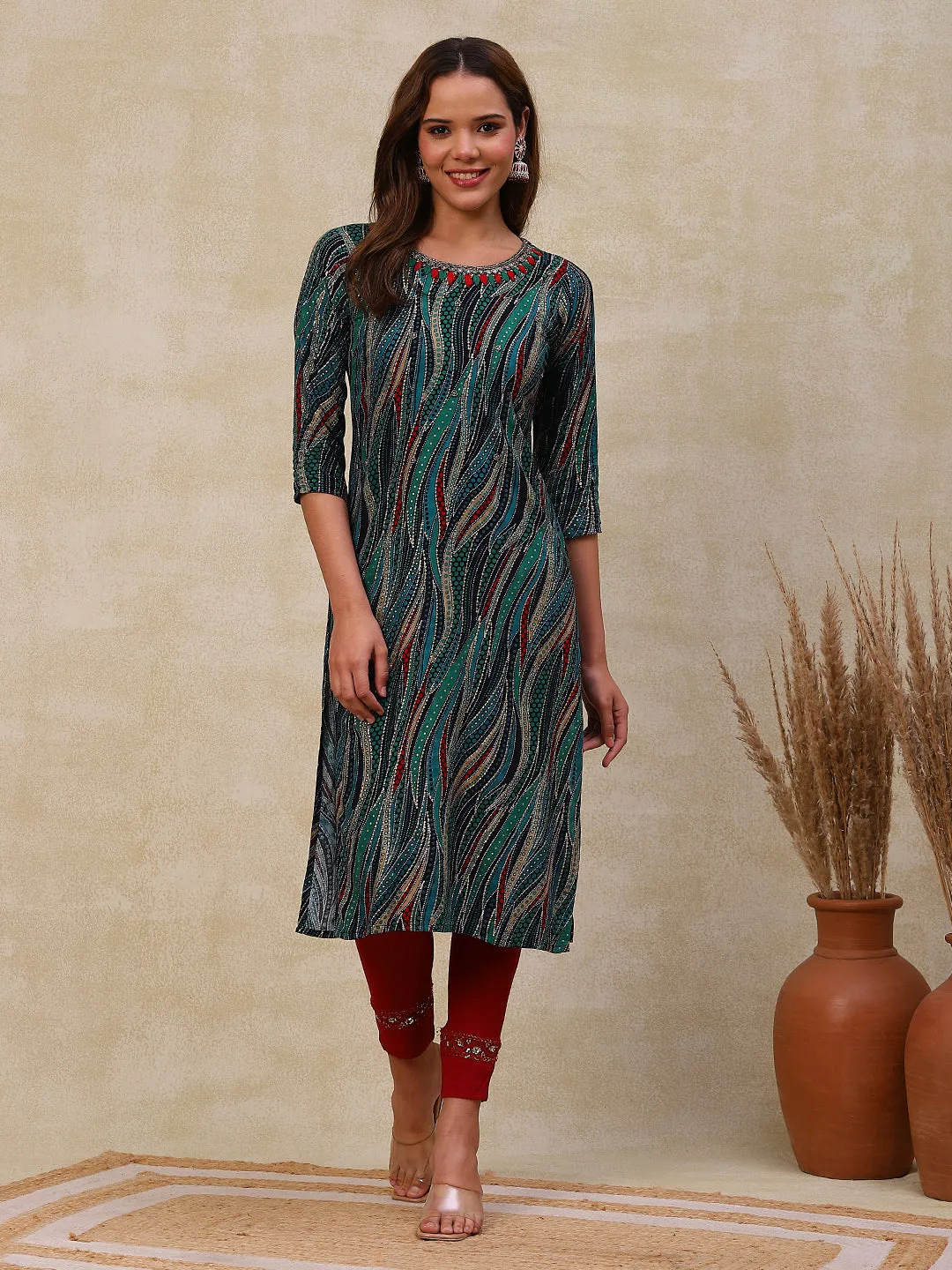 Abstract Printed Beads, Resham & Stone Embroidered Kurta - Blue & Multi