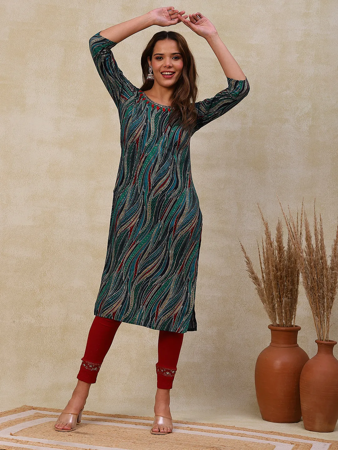 Abstract Printed Beads, Resham & Stone Embroidered Kurta - Blue & Multi