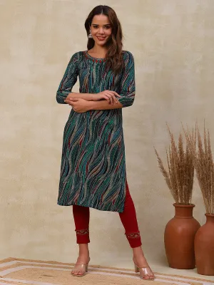 Abstract Printed Beads, Resham & Stone Embroidered Kurta - Blue & Multi