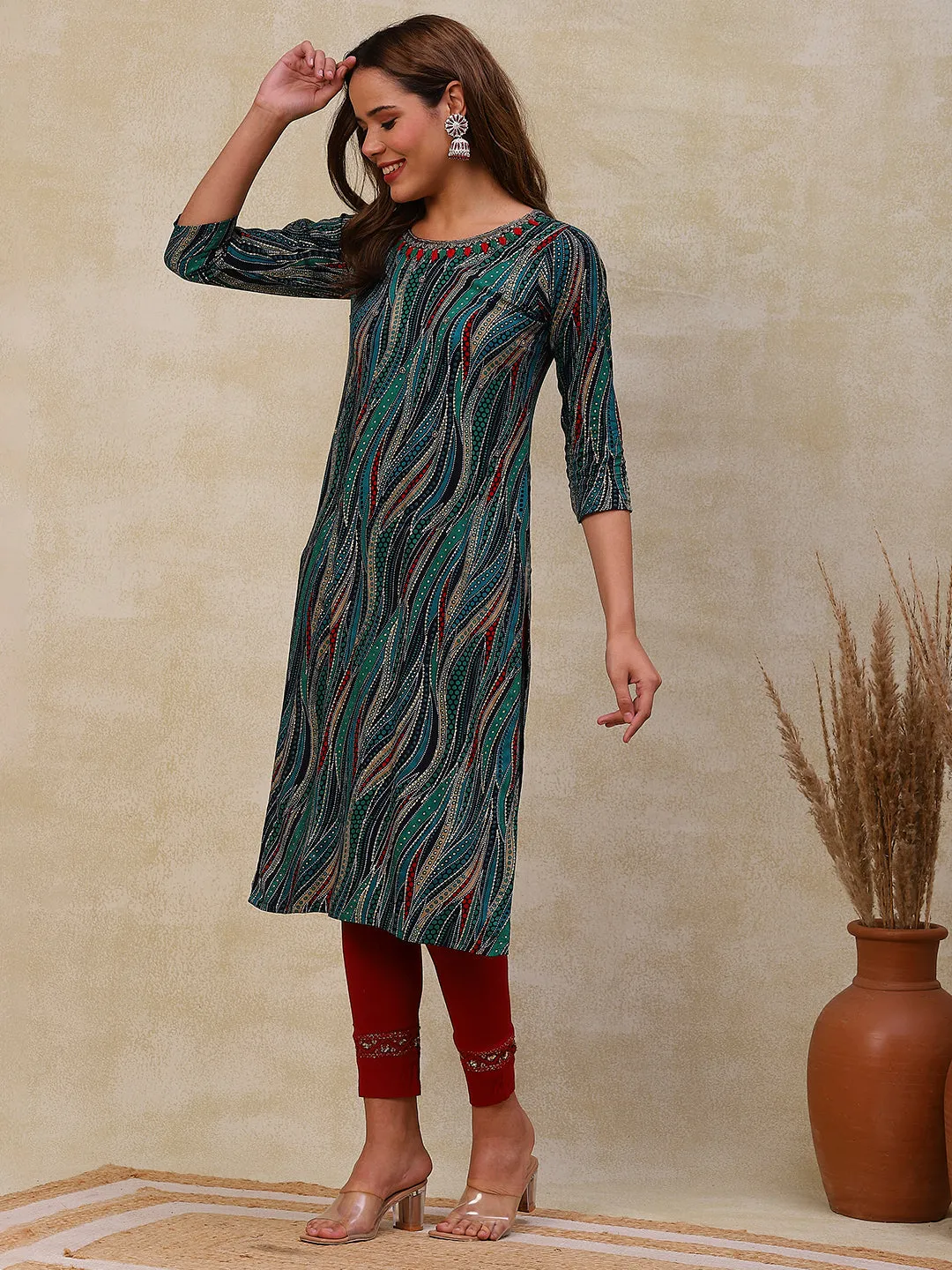 Abstract Printed Beads, Resham & Stone Embroidered Kurta - Blue & Multi