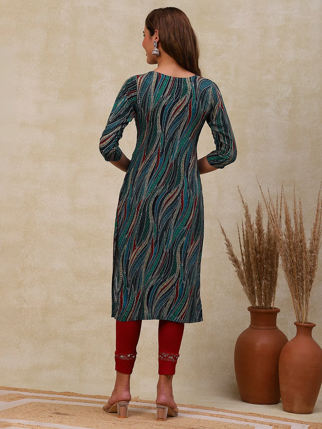 Abstract Printed Beads, Resham & Stone Embroidered Kurta - Blue & Multi