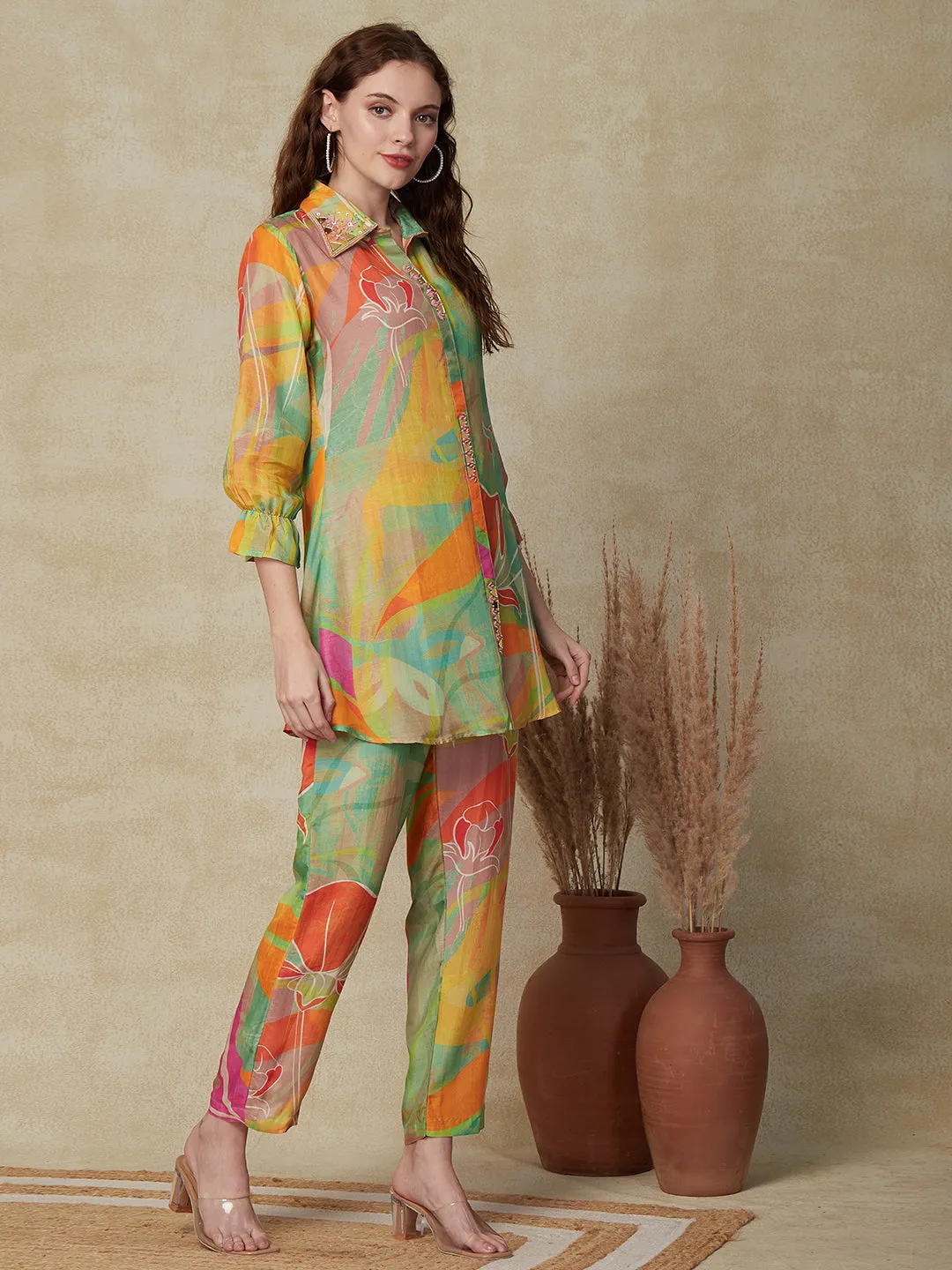 Abstract Printed Mirror & Beads Embroidered Shirt With Pants Indo Westarn Co-ord Set - Multi