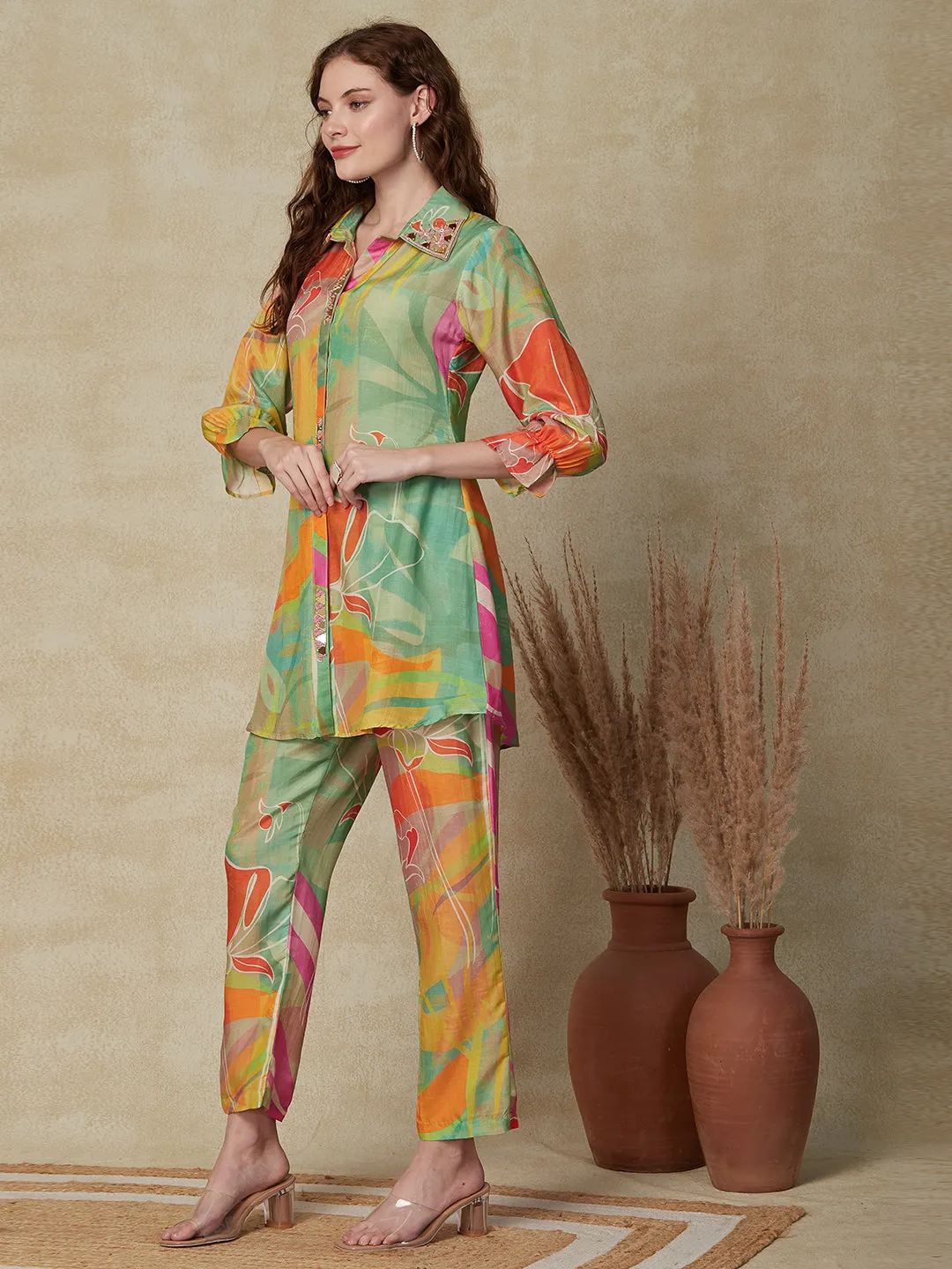 Abstract Printed Mirror & Beads Embroidered Shirt With Pants Indo Westarn Co-ord Set - Multi