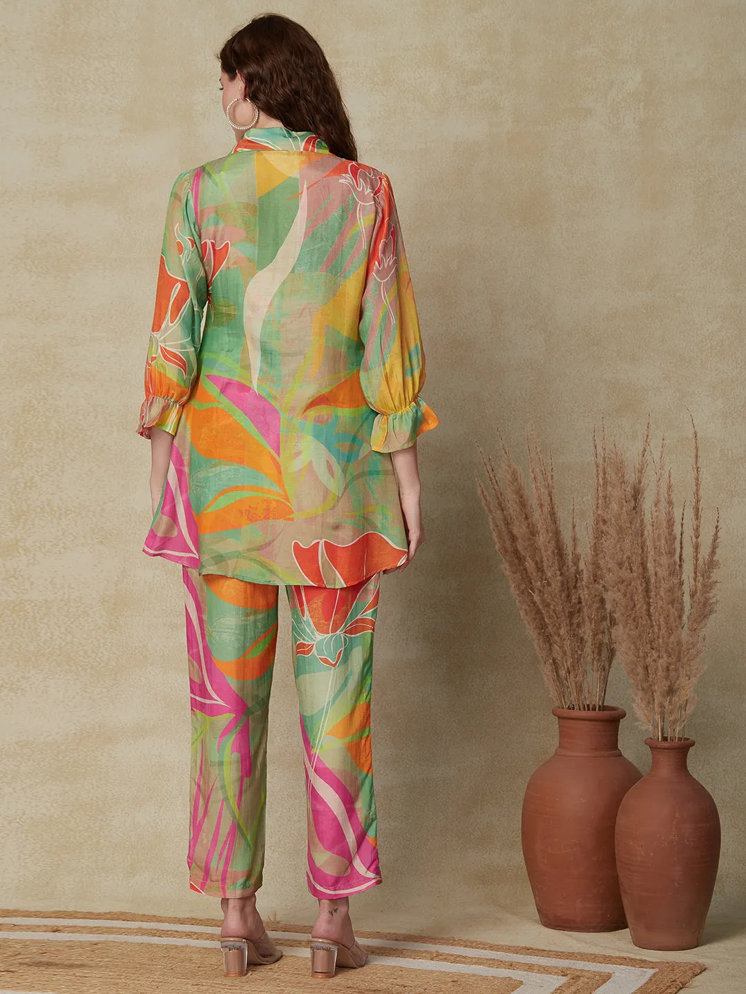 Abstract Printed Mirror & Beads Embroidered Shirt With Pants Indo Westarn Co-ord Set - Multi