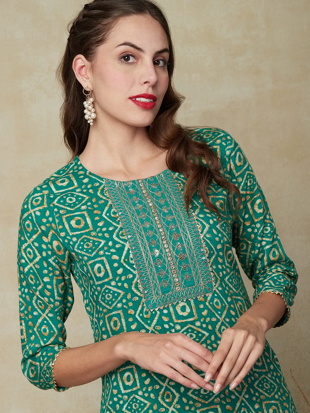 Abstract Printed Mirror, Sequins & Zari Embroidered Kurta - Green