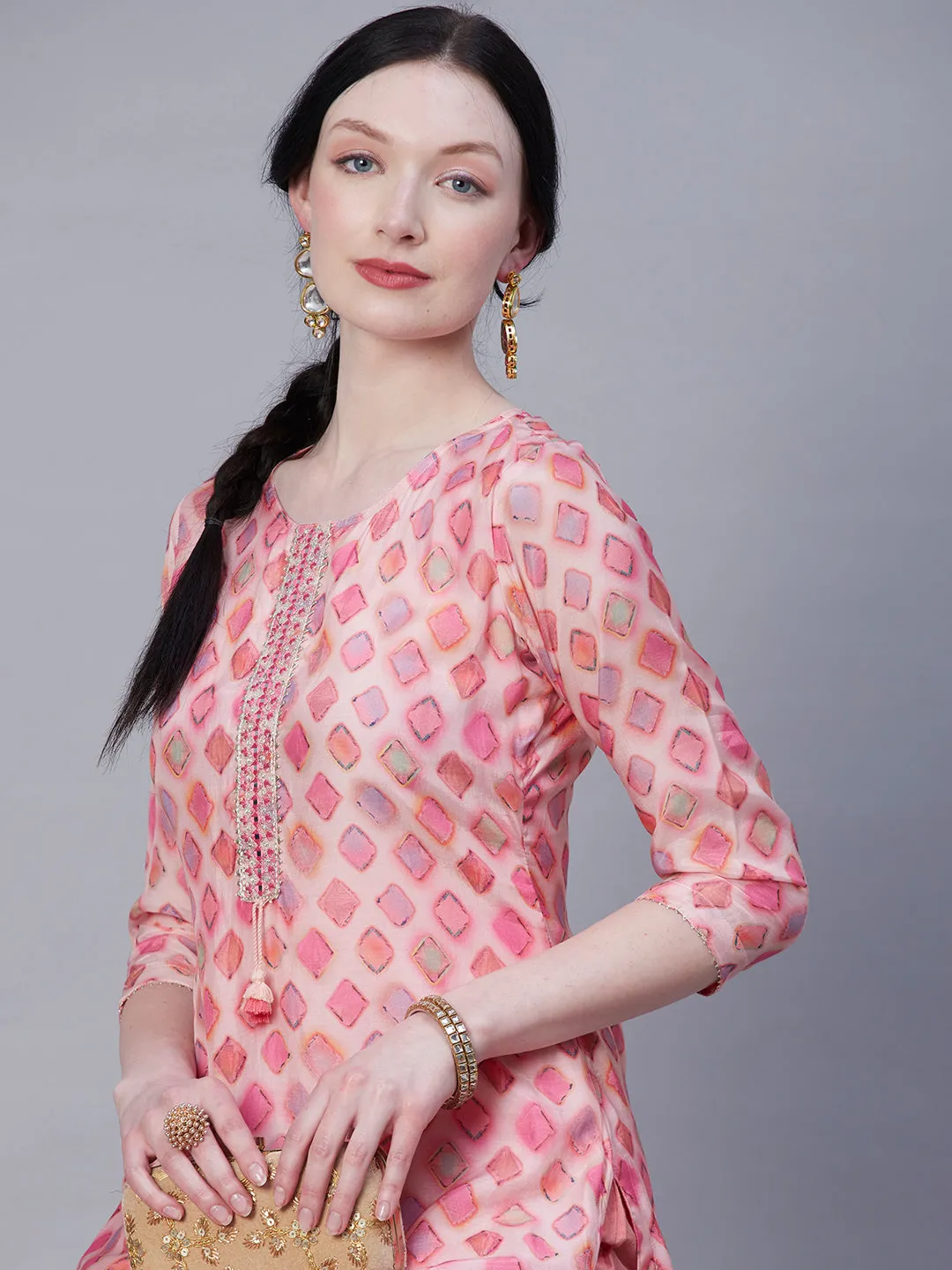 Abstract Printed Mirror, Zari & Resham Embroidered Kurta - Rose Pink