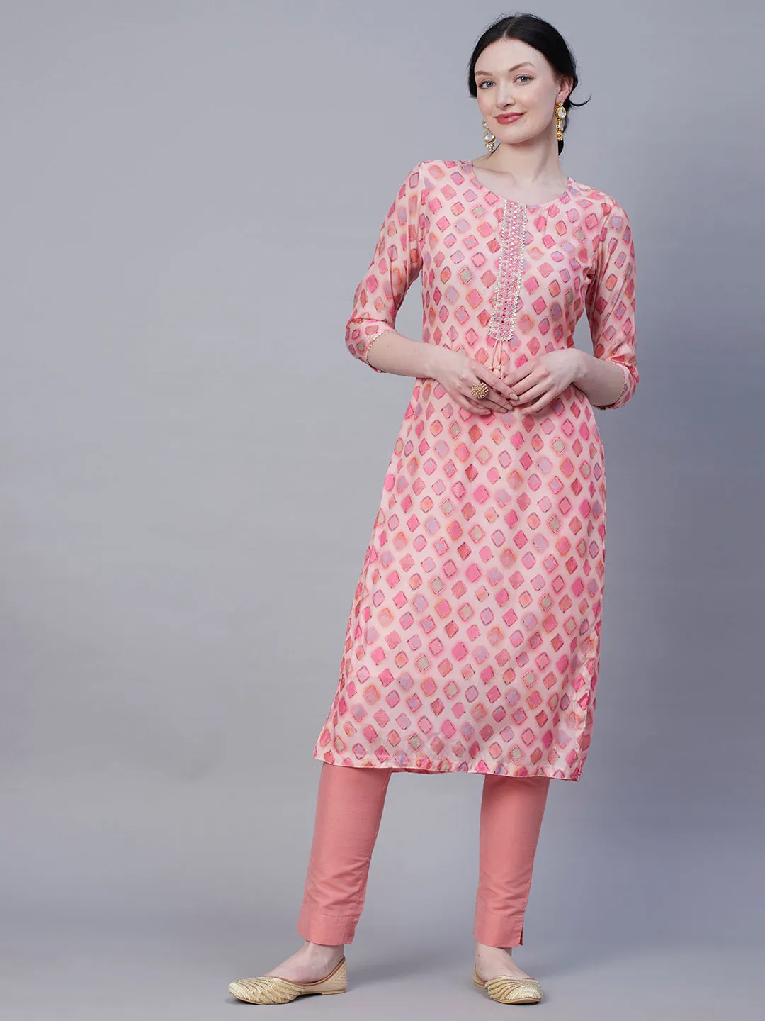 Abstract Printed Mirror, Zari & Resham Embroidered Kurta - Rose Pink