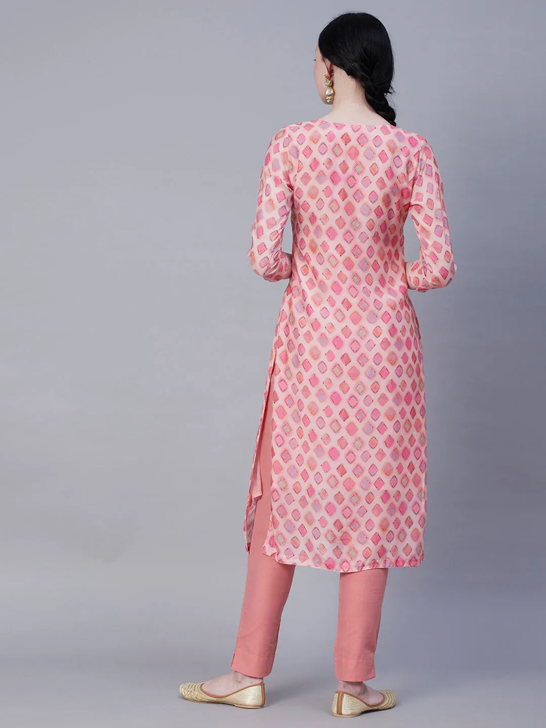 Abstract Printed Mirror, Zari & Resham Embroidered Kurta - Rose Pink