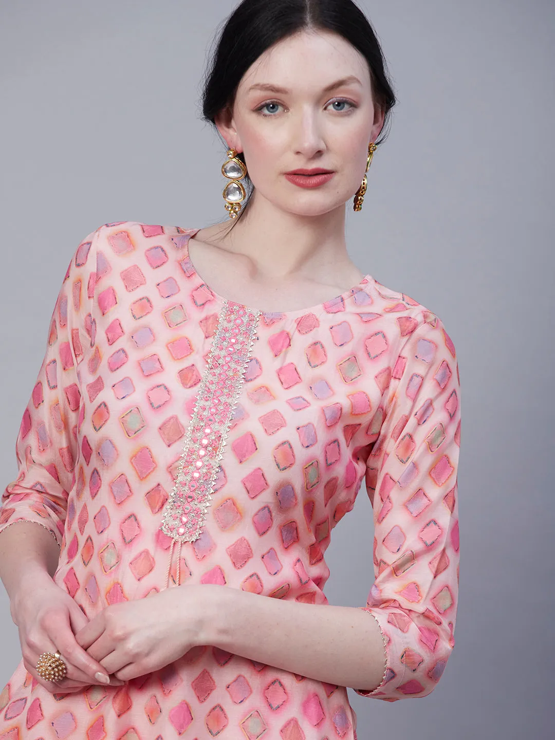 Abstract Printed Mirror, Zari & Resham Embroidered Kurta - Rose Pink