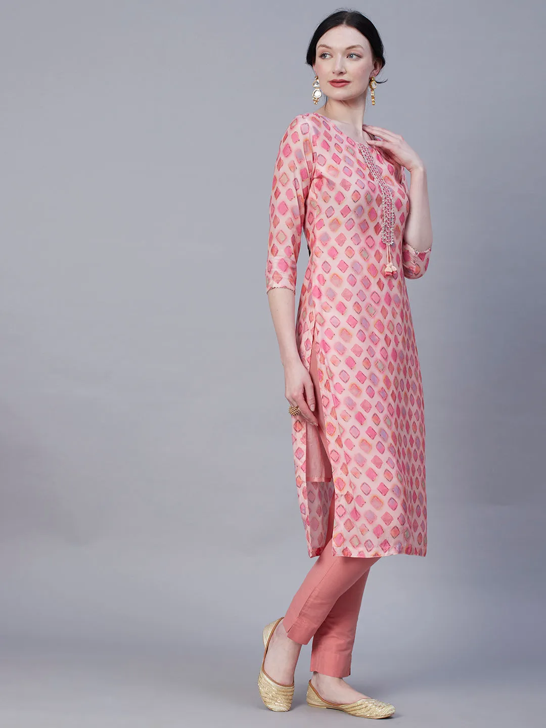 Abstract Printed Mirror, Zari & Resham Embroidered Kurta - Rose Pink