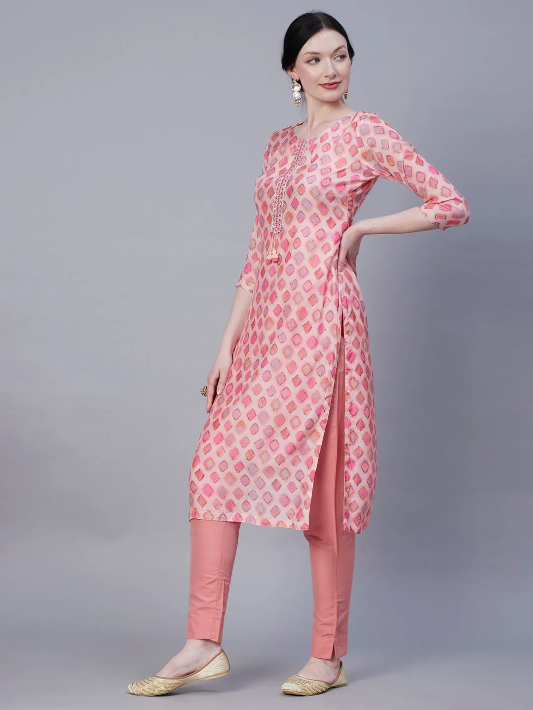 Abstract Printed Mirror, Zari & Resham Embroidered Kurta - Rose Pink