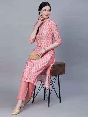 Abstract Printed Mirror, Zari & Resham Embroidered Kurta - Rose Pink