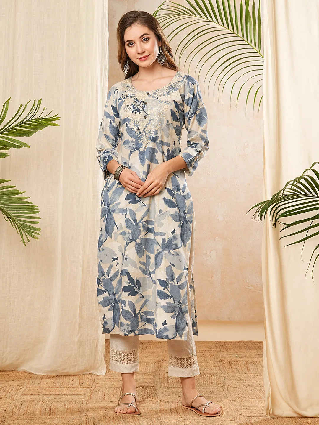 Abstract Printed Resham & Sequins Embroidered Kurta - Blue & Off White