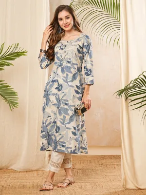 Abstract Printed Resham & Sequins Embroidered Kurta - Blue & Off White