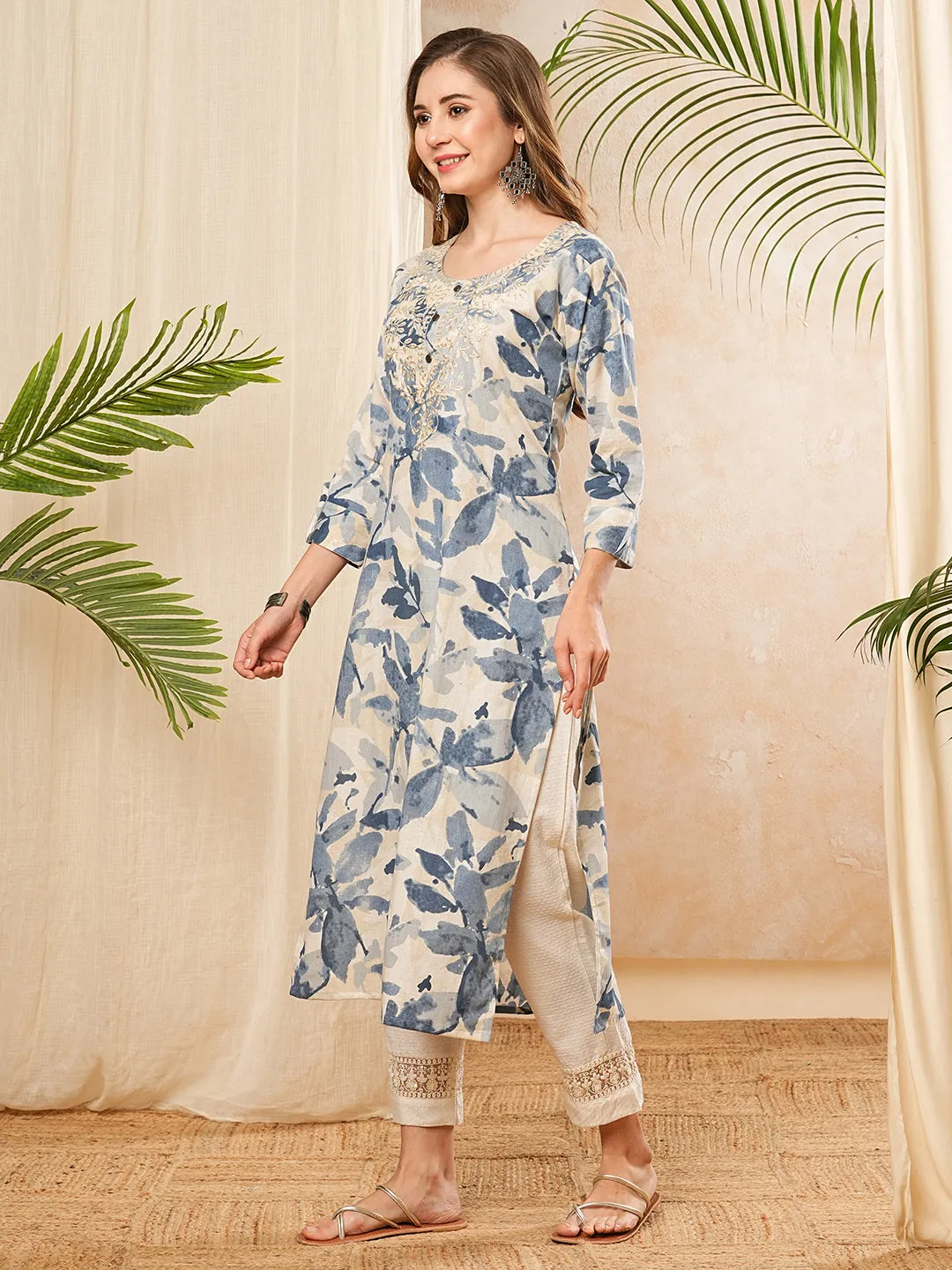 Abstract Printed Resham & Sequins Embroidered Kurta - Blue & Off White