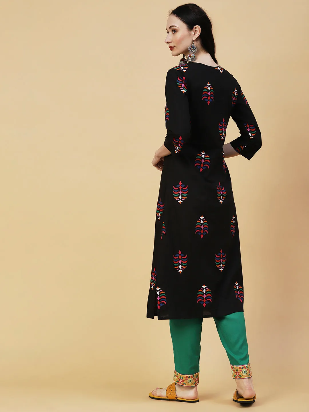 Abstract Printed Sequins & Beads Embroidered Kurta - Black