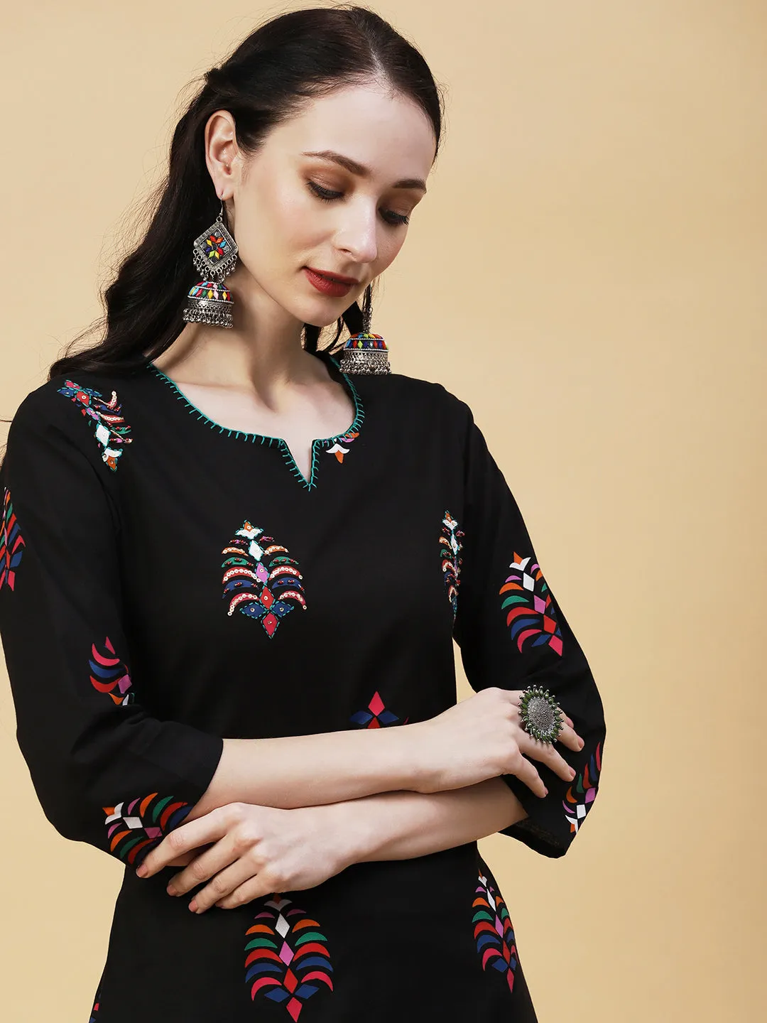 Abstract Printed Sequins & Beads Embroidered Kurta - Black