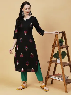 Abstract Printed Sequins & Beads Embroidered Kurta - Black