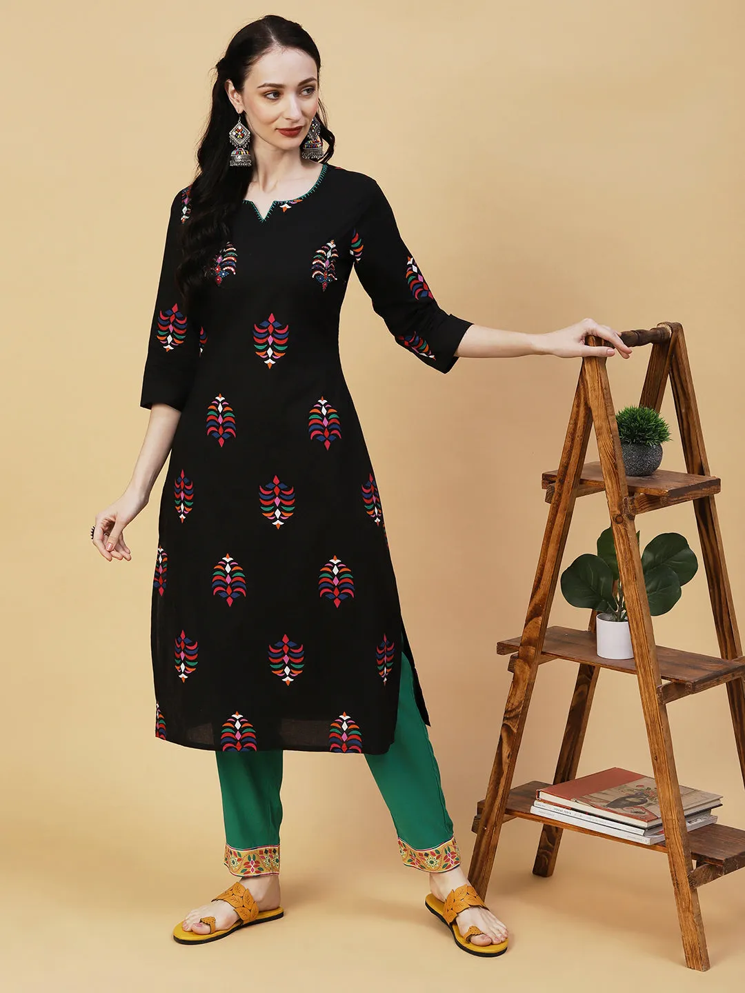 Abstract Printed Sequins & Beads Embroidered Kurta - Black