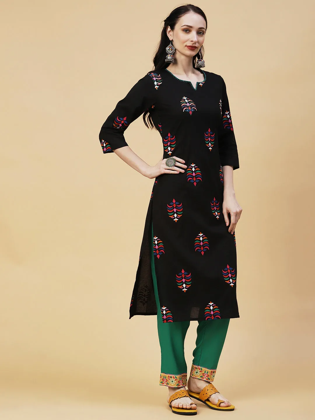 Abstract Printed Sequins & Beads Embroidered Kurta - Black