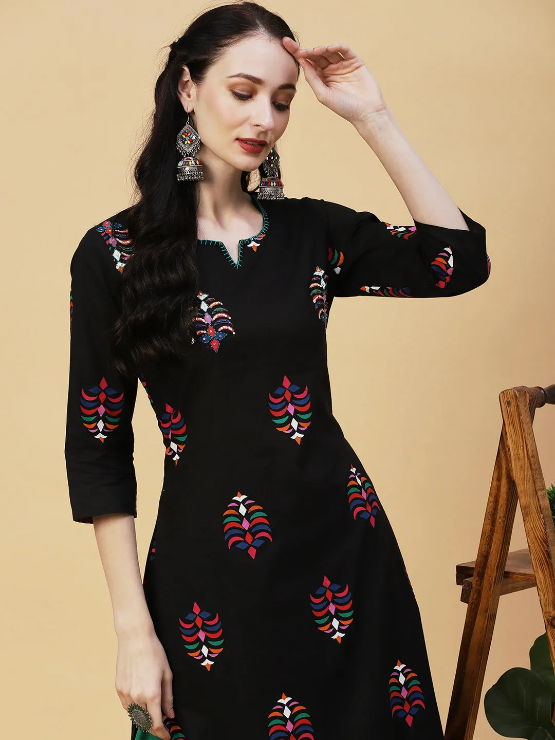 Abstract Printed Sequins & Beads Embroidered Kurta - Black