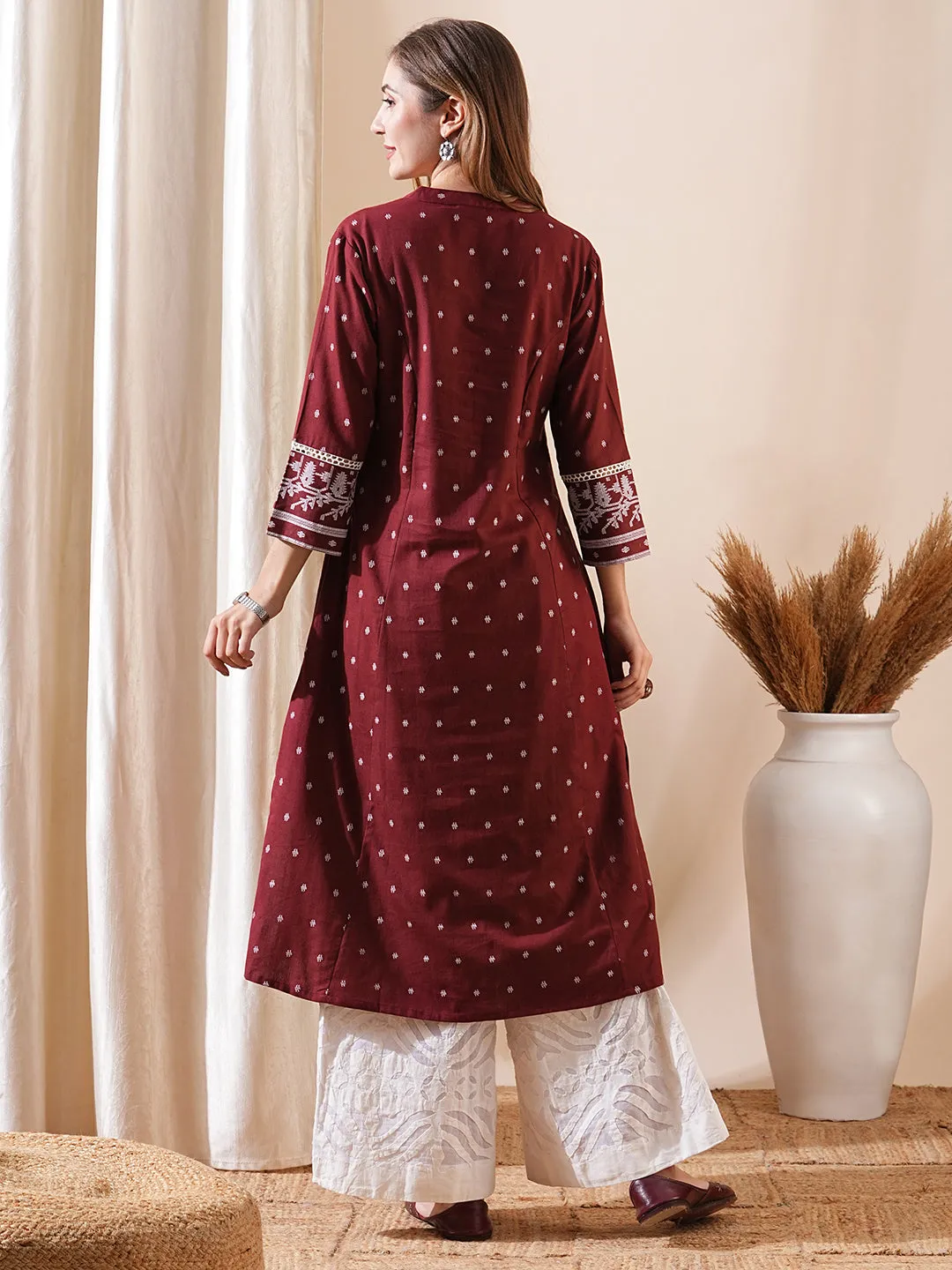 Abstract Printed Wooden Buttoned Lace Embellished Kurta - Maroon